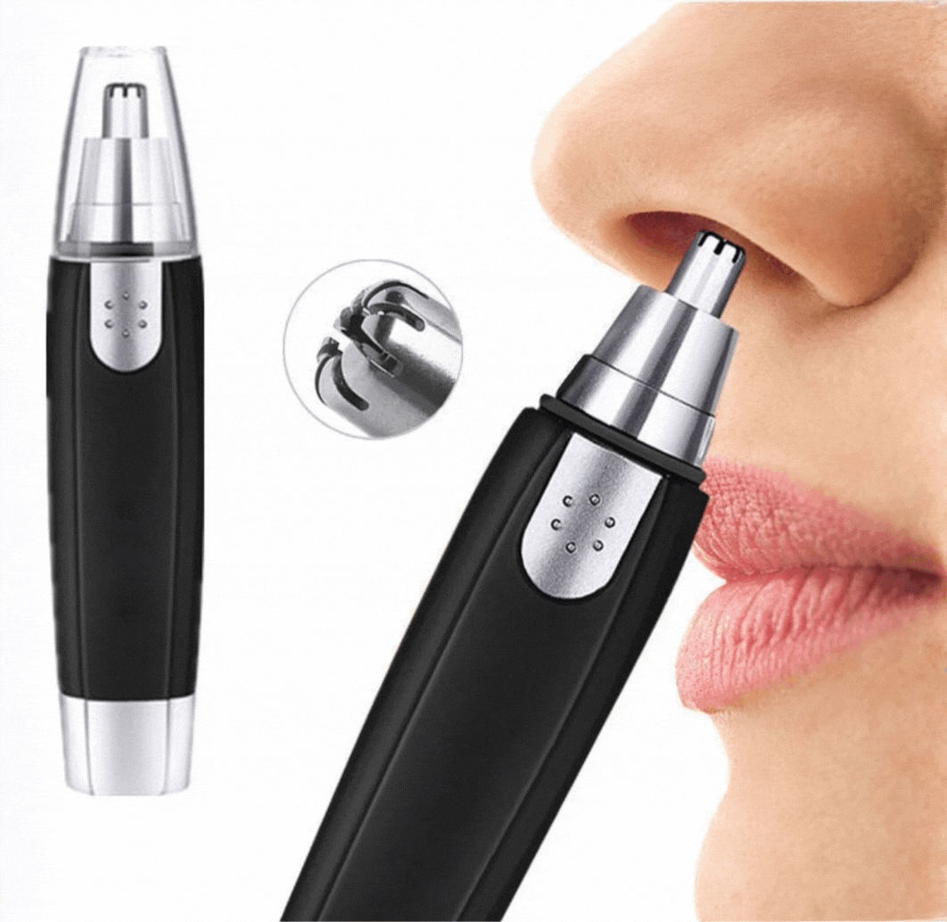 Close-up animation showing nose hair trimming with precision blades.